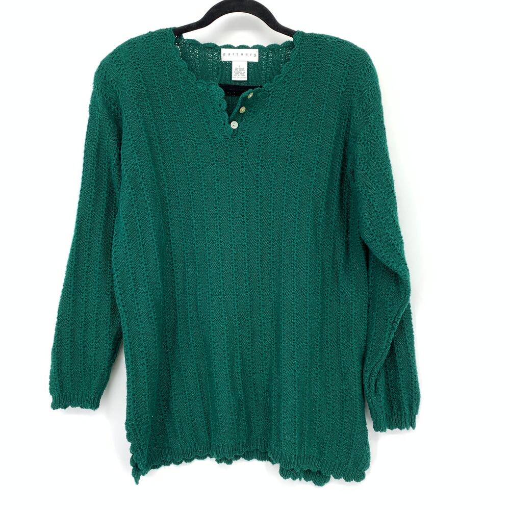 Vintage 90s Partners Pointelle Knit Sweater Pullover Womens Size L Forest Green